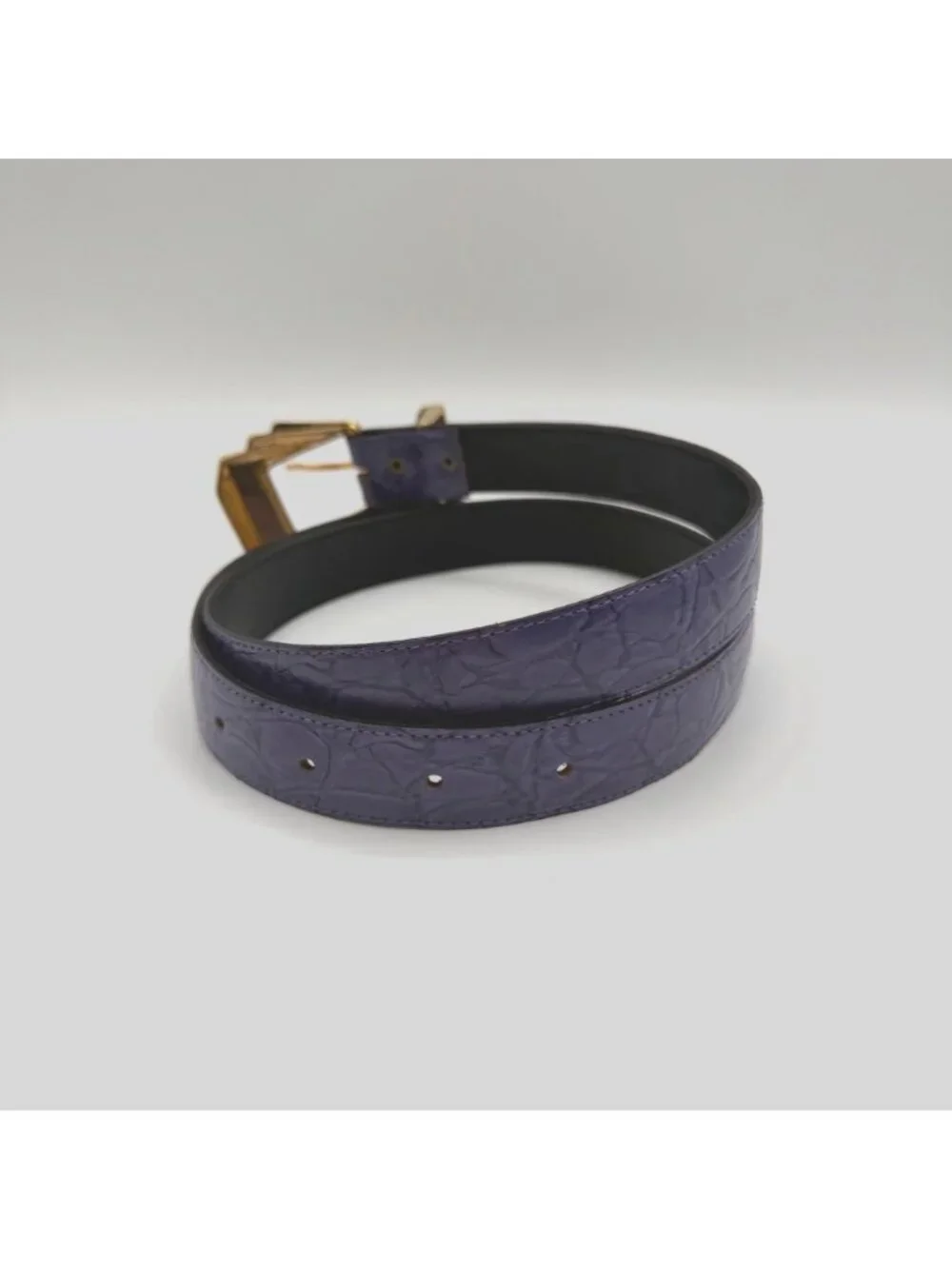 Vintage Purple Faux Leather Croc Embossed Belt w/ Deco Gold Tone Buckle